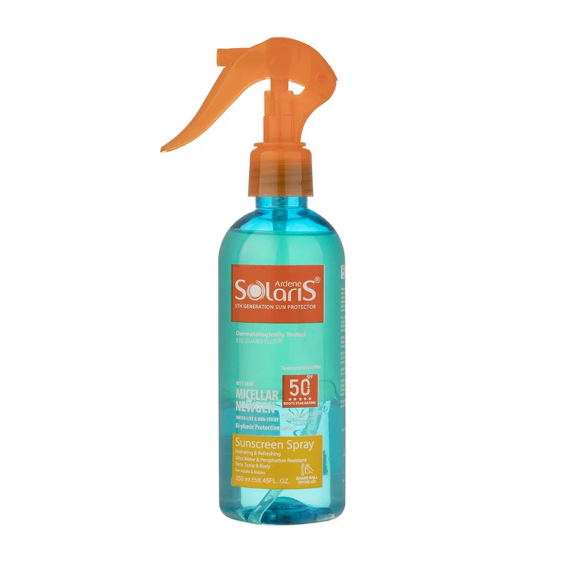 لوسیون ضد آفتاب دو فاز مدل میسلار نیوژن +SPF50 حجم 250 میلی لیتر Ardene Solaris Sunscreen Spray Micellar Newgen 250ml
