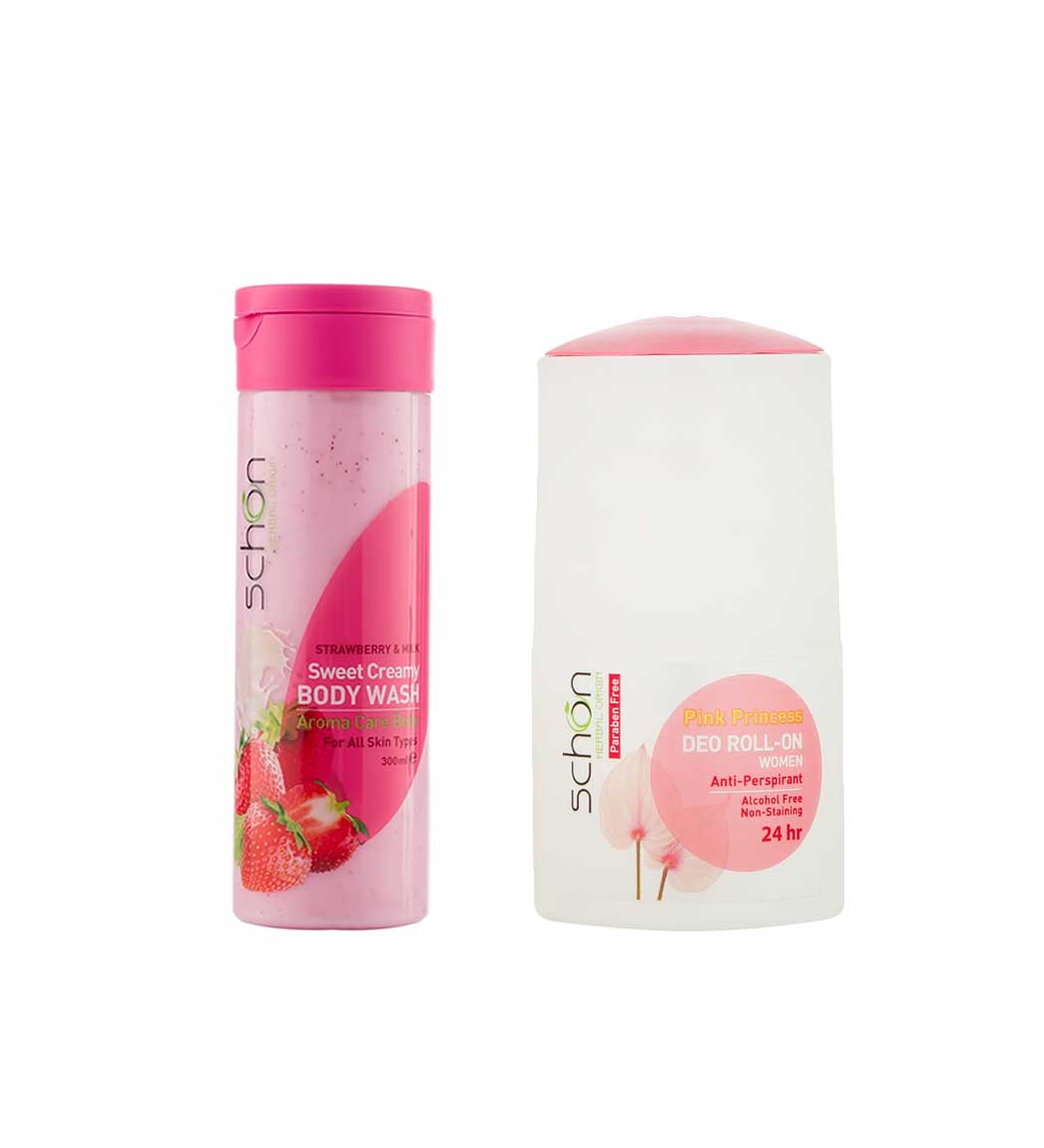 پک شامپو بدن کرمی شیر توت فرنگی 300 میل و مام رول ضد تعریق زنانه مدل پینک پرنسس Schon Skin Care Pack