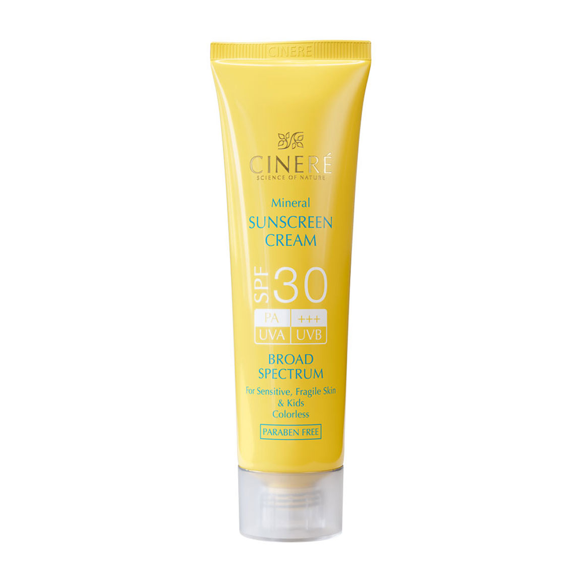 کرم ضد آفتاب SPF30+ بدون رنگ مینرال مناسب پوست حساس cinere sunscreen cream
