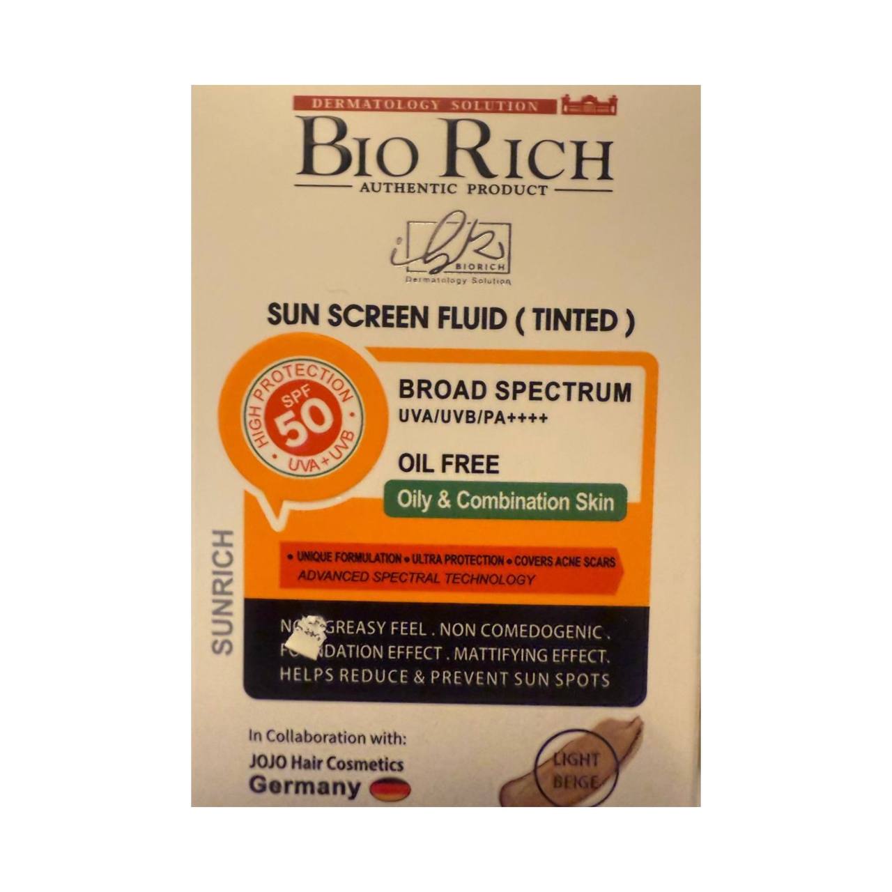 بایوریچ فلوئید ضد آفتاب رنگی بژ روشن spf50 مناسب پوست چرب Biorich sunscreen fluid tinted oily & combination skin  light beige