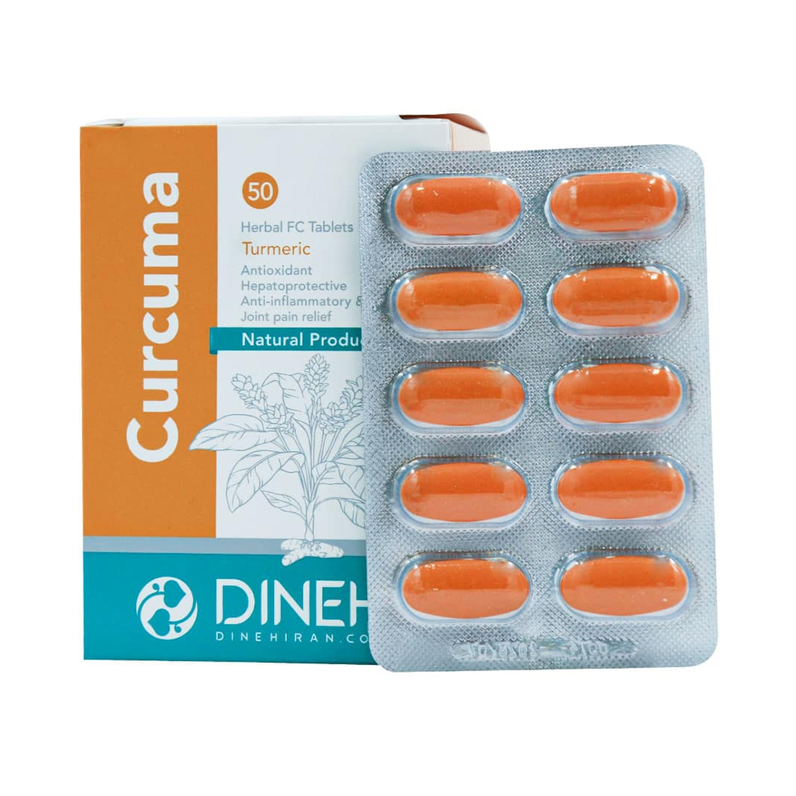 قرص روکش دار زردچوبه کورکوما بسته 50 عددی Dineh Turmeric Curvuma 50 FC Tablets