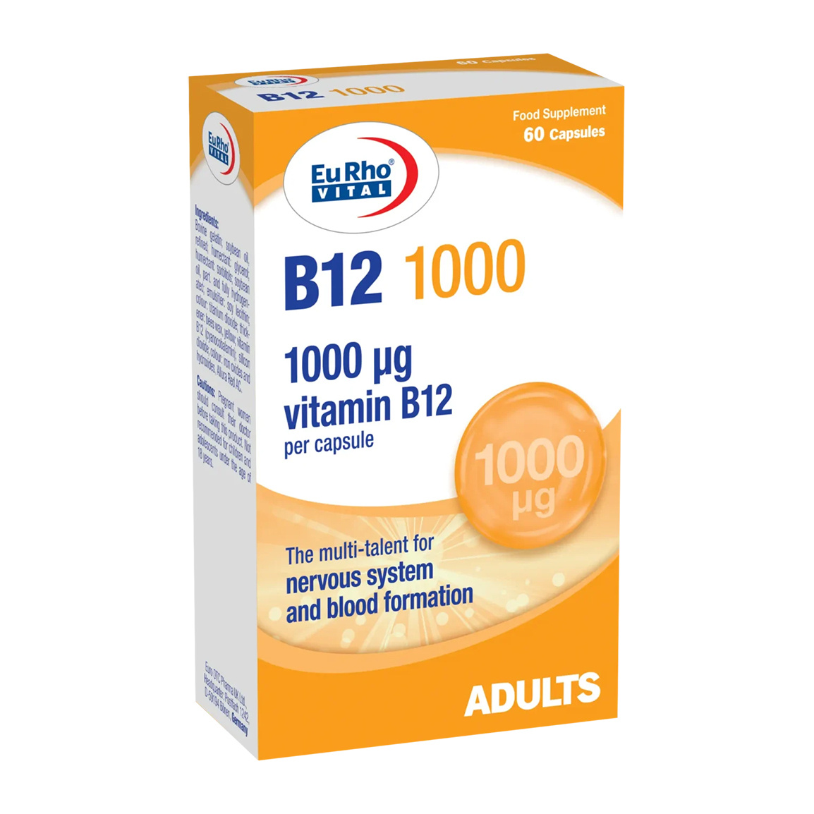 کپسول ژلاتینی ب12   1000میلی گرم  بسته 60 عددی Eurho Vital Vitamin B12 Softgels 60 Capsules