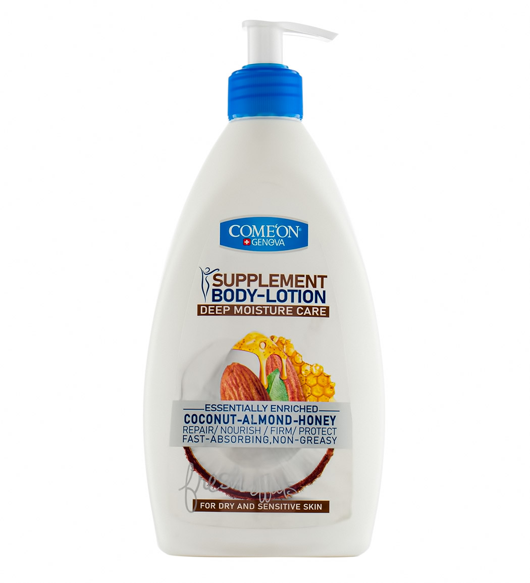 لوسیون بدن و مرطوب کننده با رایحه نارگیل بادام و عسل مناسب پوست های خشک و حساس 510میل Comeon Body Lotion Coconut Almond And Honey 510ml