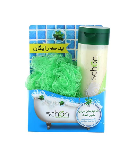 پک شامپو بدن کرمی شیرنعنا همراه با لیف حمام رایگان Schon Creamy Body Wash Pack
