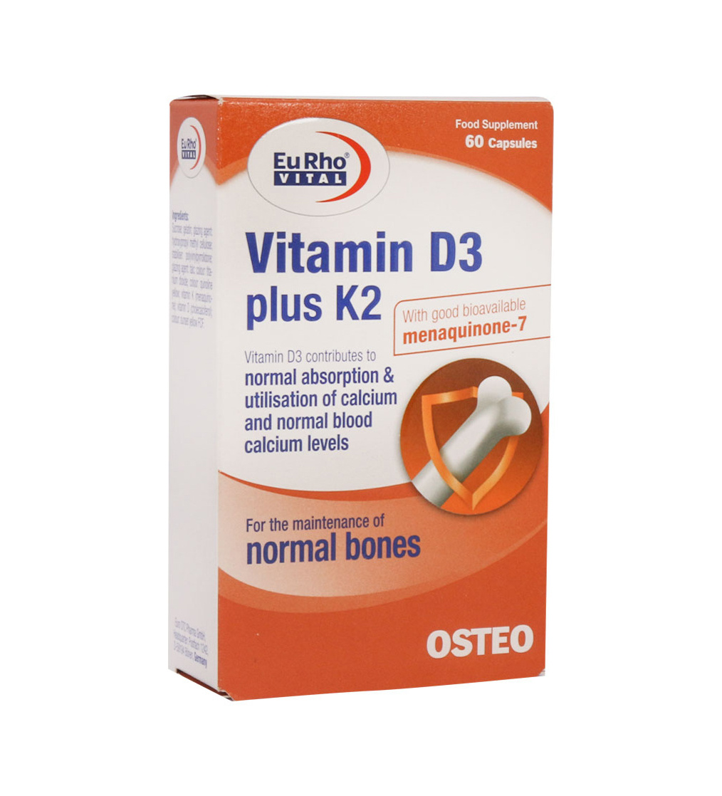کپسول ویتامین D3 + K2 بسته 60 عددی Eurho Vital Vitamin D3 1000 IU K2 60 Caps