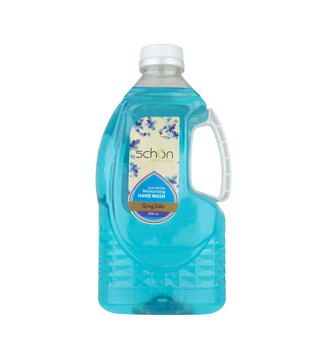 مایع دستشویی آنتی باکتریال شفاف آبی رنگ اسپرینگ واتر 2000 میل Schon Spring Water Silk Protein Moisturizing Hand Wash 2000ml