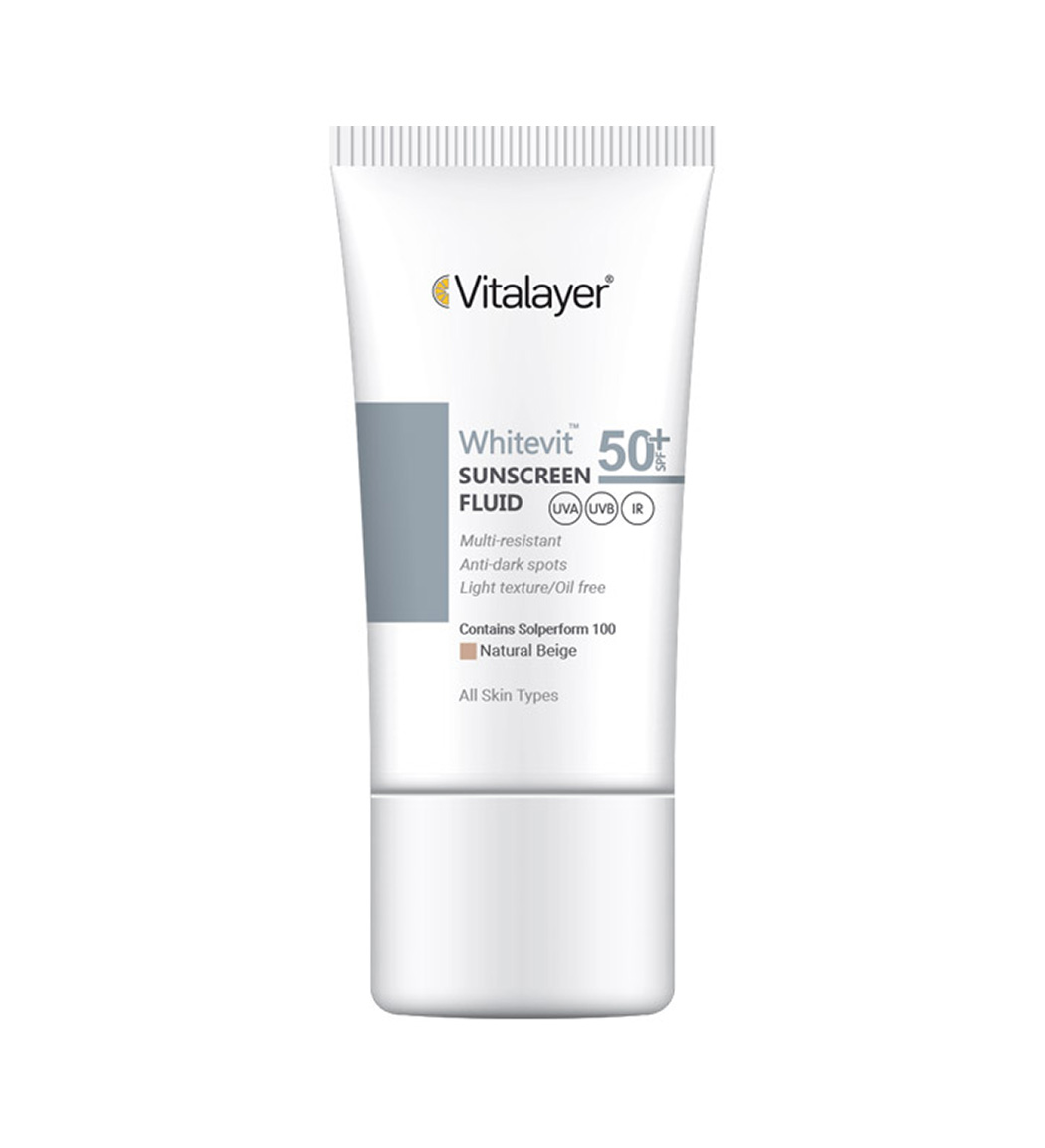 فلوئید ضد آفتاب وایت ویت رنگ بژ طبیعی مناسب پوست تیره و لک دار حجم 50 میل Vitalayer Whitevit Whitevit Sunscreen Natural Beig 50 ml